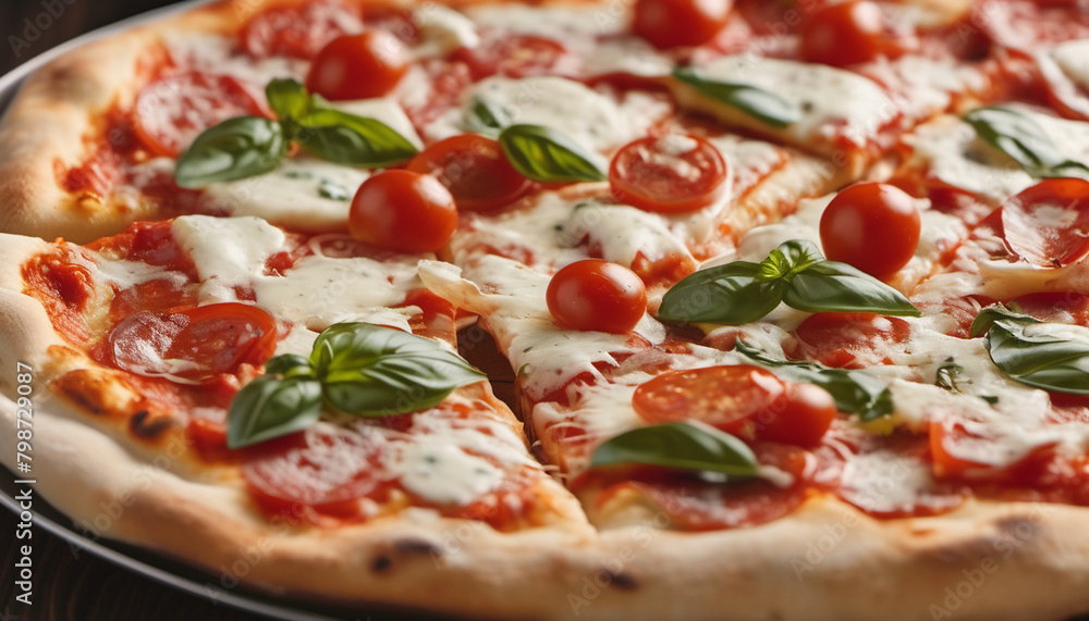 Close up of a pizza with mozzarella, basil and tomato sauce, ai Close up of a pizza with mozzarella, basil and tomato sauce, ai
