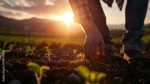 farmer sows vegetable seeds on prepared soil, Generative AI,