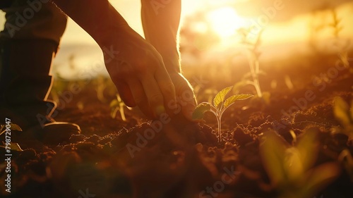 farmer sows vegetable seeds on prepared soil, Generative AI, © Milena
