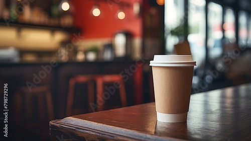 Paper cup of coffee on a wooden table in a coffee shop. Space for text and design.