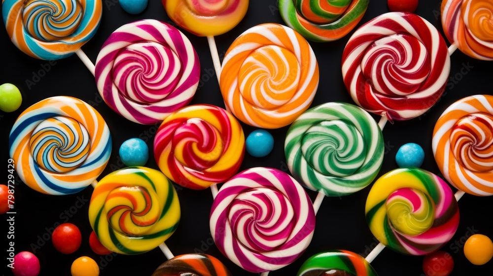 Tasty colorful lollipops as a background, top view, copy space. Tasty colorful lollipops as a background, top view, copy space.