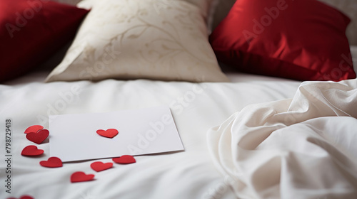 A card with text and rose flower on a white pillow. Valentine's day, Mothers Day, birthday concept. Greeting card design. symbol of love, romance.