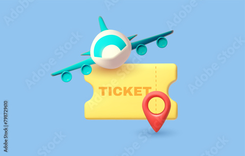 Time to travel. 3D render summer traveling elements: airplane. ticket and pointer. Summer vacation design.