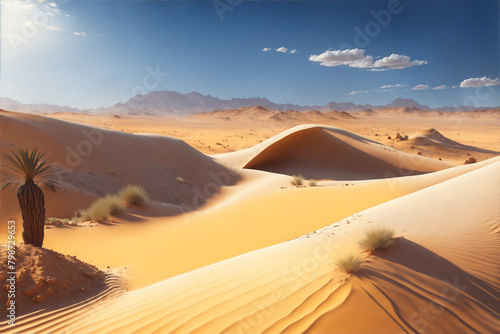 Beautiful desert landscape with clear sky, real life heavenly scene, photorealistic view with sandy track, middle of the desert, Generative Ai.