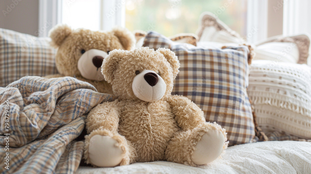 teddy bear sitting on a bed