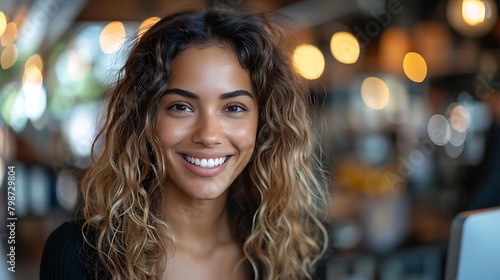 A smiling young woman with curly hair poses casually in a cafe with bokeh lights in the background