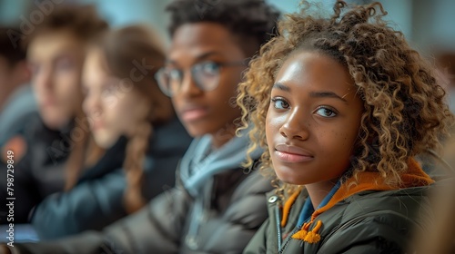 A focused young woman with curly hair attentively participates in a classroom setting, surrounded by fellow students.