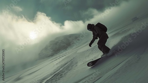 Freeride snowboarder on the slope of a snowy mountain, Generative AI,