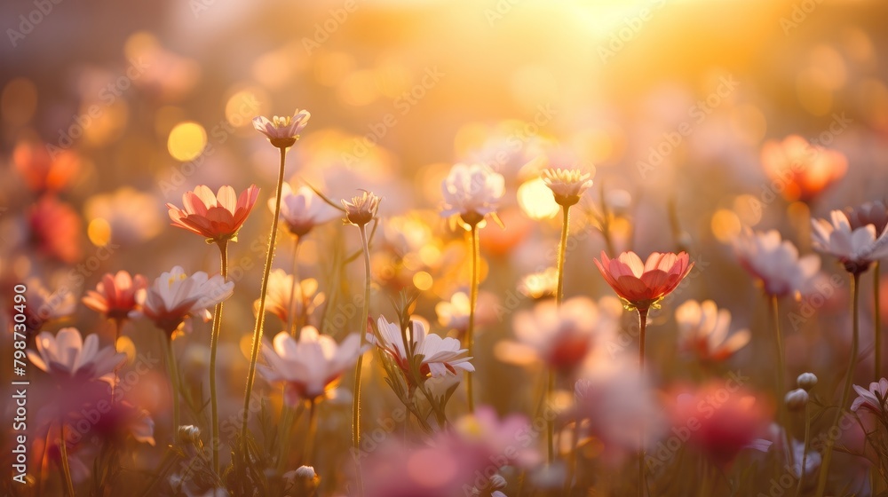 A field of flowers with the sun rising in the background