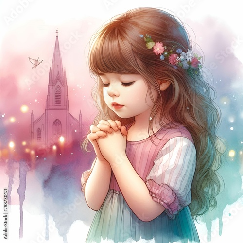 A little girl praying devoutly photo