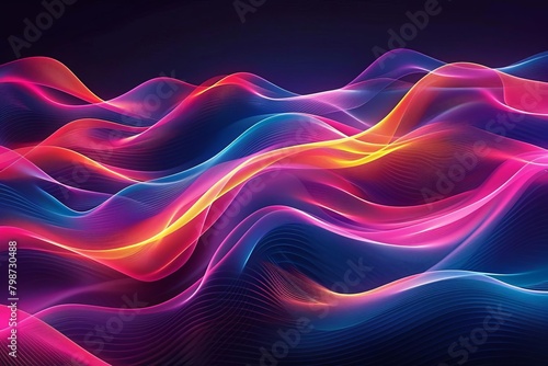 Wallpaper illustration with a 1980s vibe, featuring neon colors and smooth wavy lines against a black backdrop