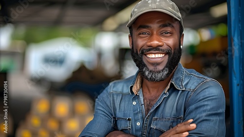 Portrait of a smiling bearded man wearing a cap and casual clothing with industrial background, perfect for lifestyle and occupation themes.  photo