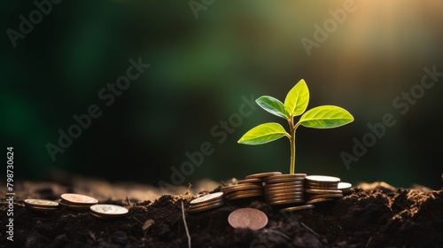 A plant growing out of a pile of coins. photo