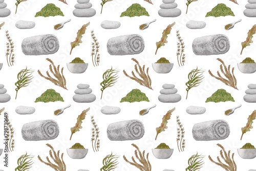 A bunch of seaweed and cosmetic accessories. Hand drawn illustration, watercolor seamless pattern. Design of packaging, textile decor, wallpaper. Healthy lifestyle and beauty concept.