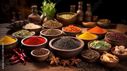 A variety of spices in wooden bowls on a wooden table.