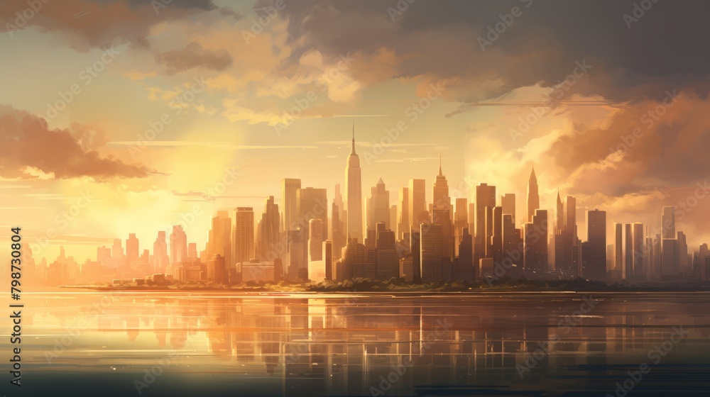 An illustration of a cityscape with skyscrapers and a river in the foreground. The sky is a bright orange and the sun is setting.