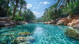 Tranquil oasis with crystal clear waters surrounded by lush palm trees and rocky terrain under a bright blue sky.