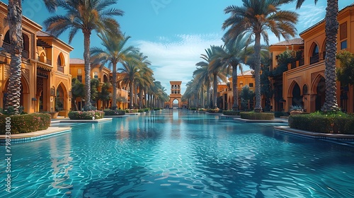 Luxurious resort with symmetrical palm trees flanking a serene blue pool amidst opulent buildings under a clear sky.  photo
