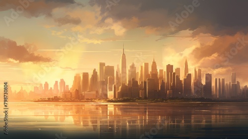 An illustration of a cityscape with skyscrapers and a river in the foreground. The sky is a bright orange and the sun is setting.