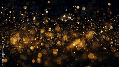 Golden glitter texture with shiny light sparkles on black background photo