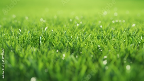 Green grass field with morning dew.