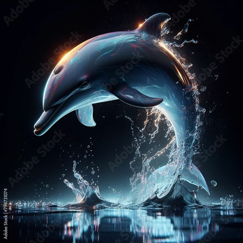 Wet dolphin leaps through translucent water