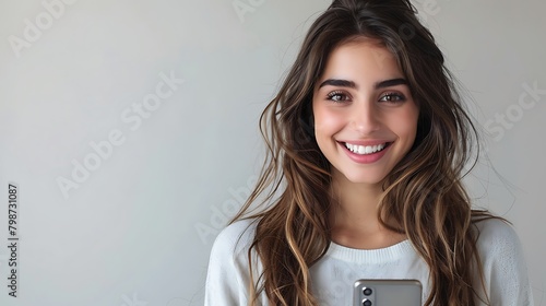 A young woman with a captivating smile holding a smartphone against a light background. 