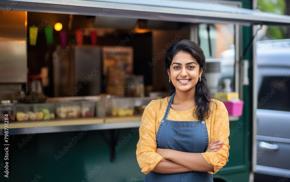 young indian woman standing with food truck
