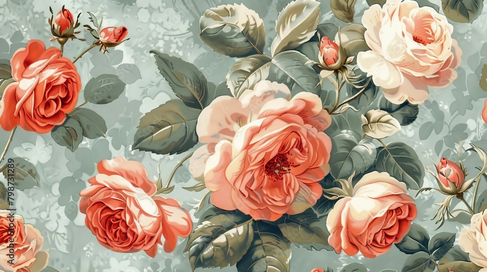 Vintage floral patterns with roses and peonies in soft colors for a classic wallpaper design