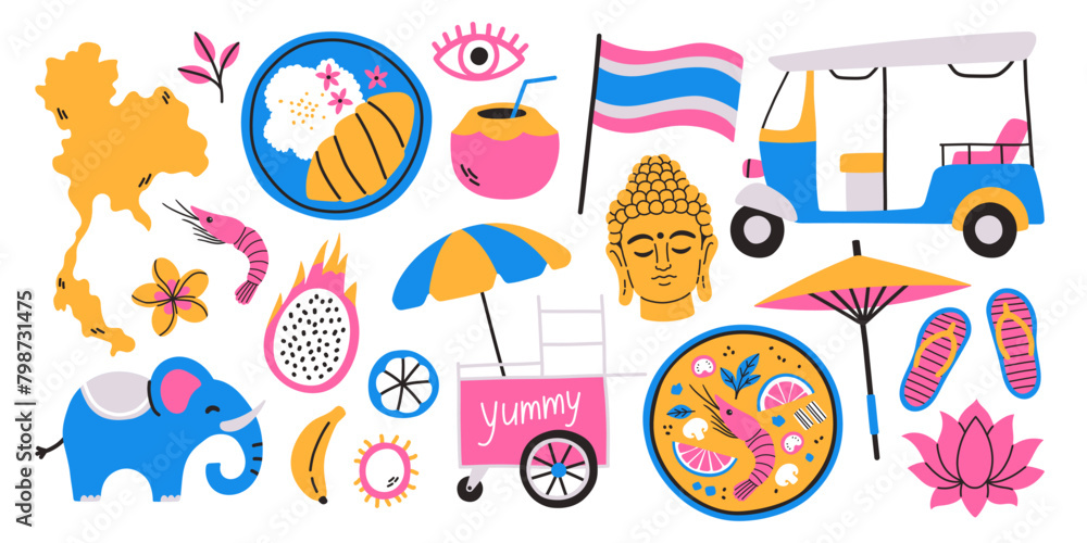 Travel to Thailand sticker set. Doodle elements Elephant, map of Thailand, thai food, Buddha head, lotus, thai fruits.