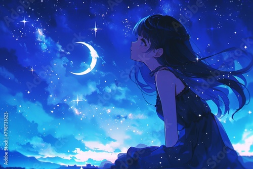 Anime girl looking at the moon on starry night illustration
