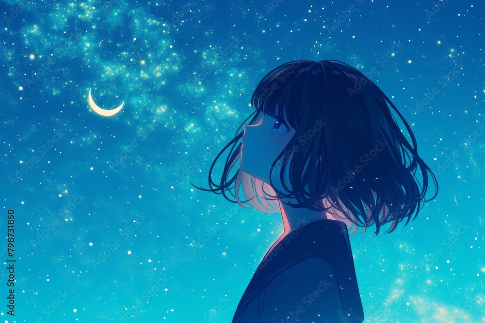 Anime girl looking at the moon on starry night illustration Anime girl looking at the moon on starry night illustration