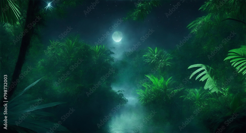 Beautiful island with tropical forest at night with starry sky. bright full moon, photorealistic panorama, green forest, blue sky with white cloud moonlight. Generative Ai.