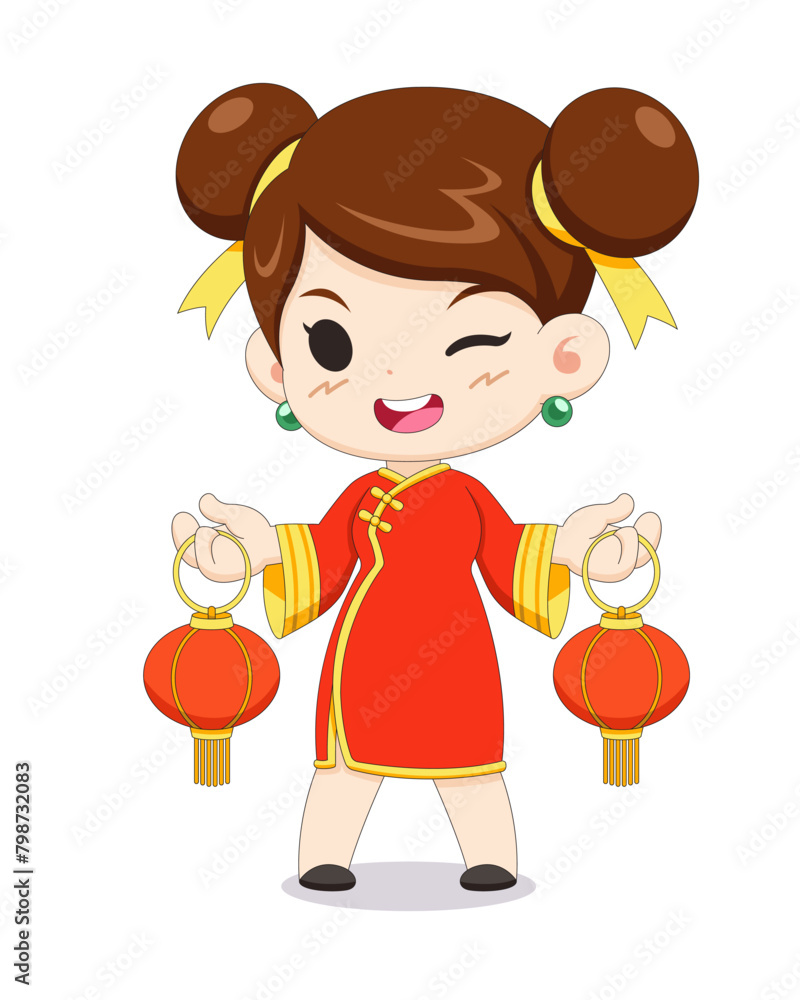 Cute style Chinese girl in cheongsam holding lantern cartoon illustration
Cute style Chinese girl in cheongsam holding lantern cartoon illustration