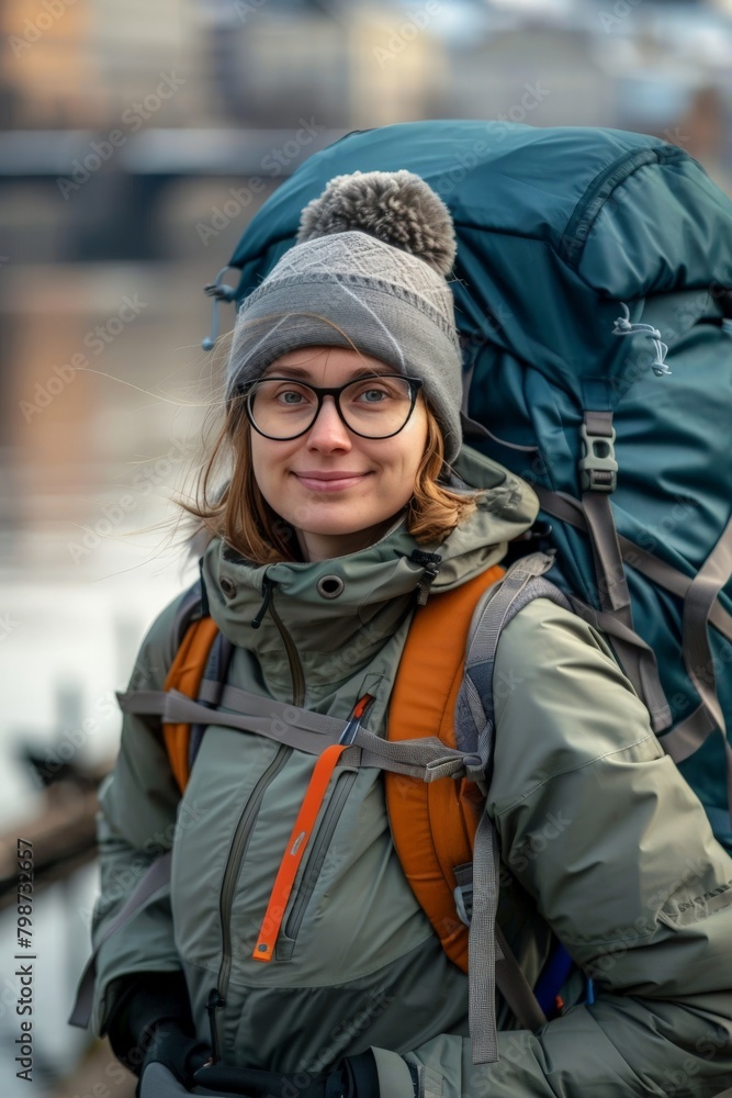 Portrait of a content traveler with a backpack Portrait of a content traveler with a backpack