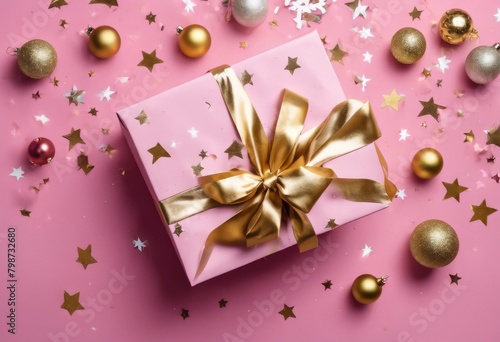 'Happy top Christmas Beautiful view presents paper Festive stars lay. Holidays 2020 pink confetti golden white New decorations Flat Year bag balls background gift Merry celebration. gold'