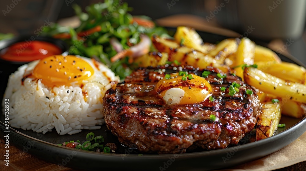 Grilled pineapple and sunny side up egg garnishing a hamburger patty served with rice fries and salad Grilled pineapple and sunny side up egg garnishing a hamburger patty served with rice fries and salad