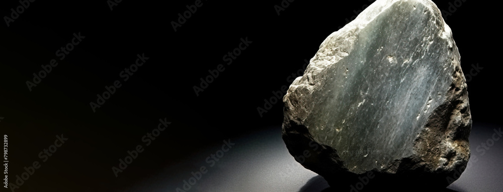 Fototapeta premium Gibbsite is rare precious natural stone on black background. AI generated. Header banner mockup with space.