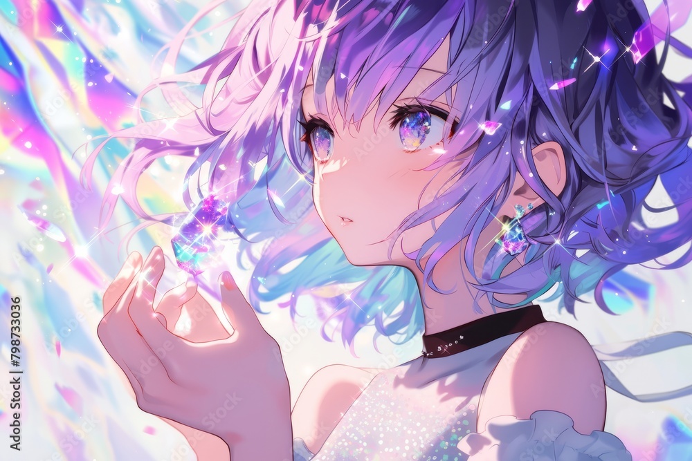 Beautiful anime Girl with Purple Hair and Colorful Sparkles