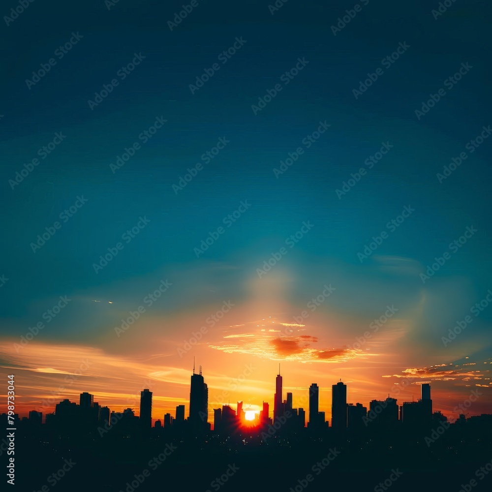 A city skyline is silhouetted against a blue sky with a sun setting