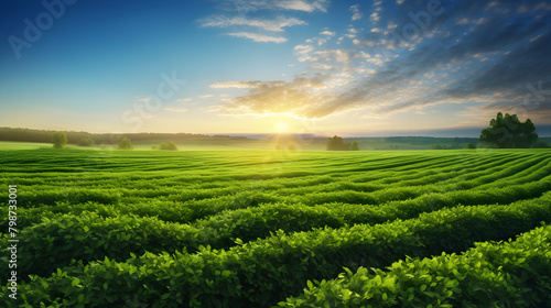 Green peas field sunrise and blue sky.