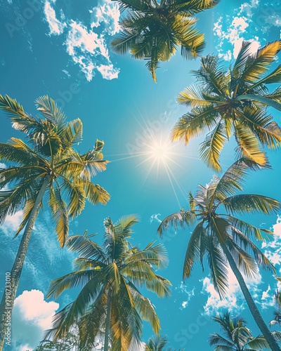 palm trees against  background of sunny sky