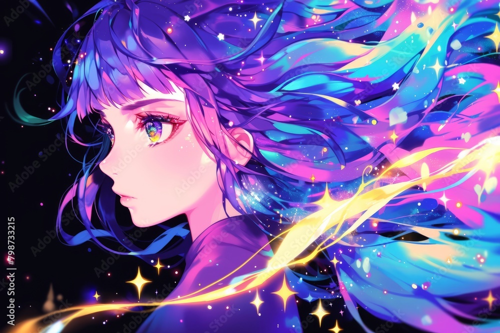Beautiful anime Girl with Purple Hair and Colorful Sparkles Beautiful anime Girl with Purple Hair and Colorful Sparkles