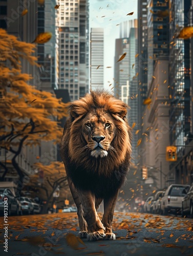 A lion is walking down a narrow alleyway