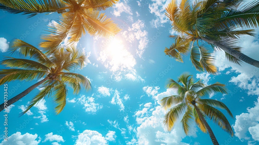 palm trees against  background of sunny sky