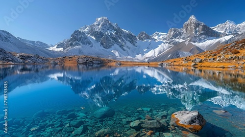 Tranquil mountain landscape with a crystalclear lake in the foreground, surrounded by towering peaks dusted with snow under a clear sky