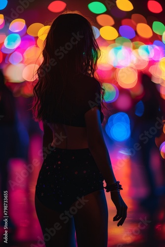 Silhouettes dance energetically in a vibrant nightclub with colorful lights, setting a dynamic nightlife atmosphere
