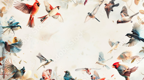 Colorful birds among floral branches. photo