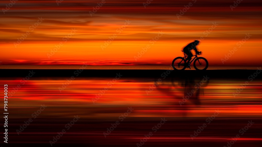Fototapeta premium Dynamic silhouette of a cyclist speeding along a coastal road at sunset, vivid orange sky, energetic and freeing