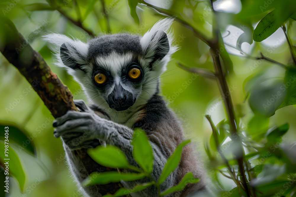A curious lemur holding onto a branch, its large golden eyes scanning the lush green canopy of the rainforest A curious lemur holding onto a branch, its large golden eyes scanning the lush green canopy of the rainforest